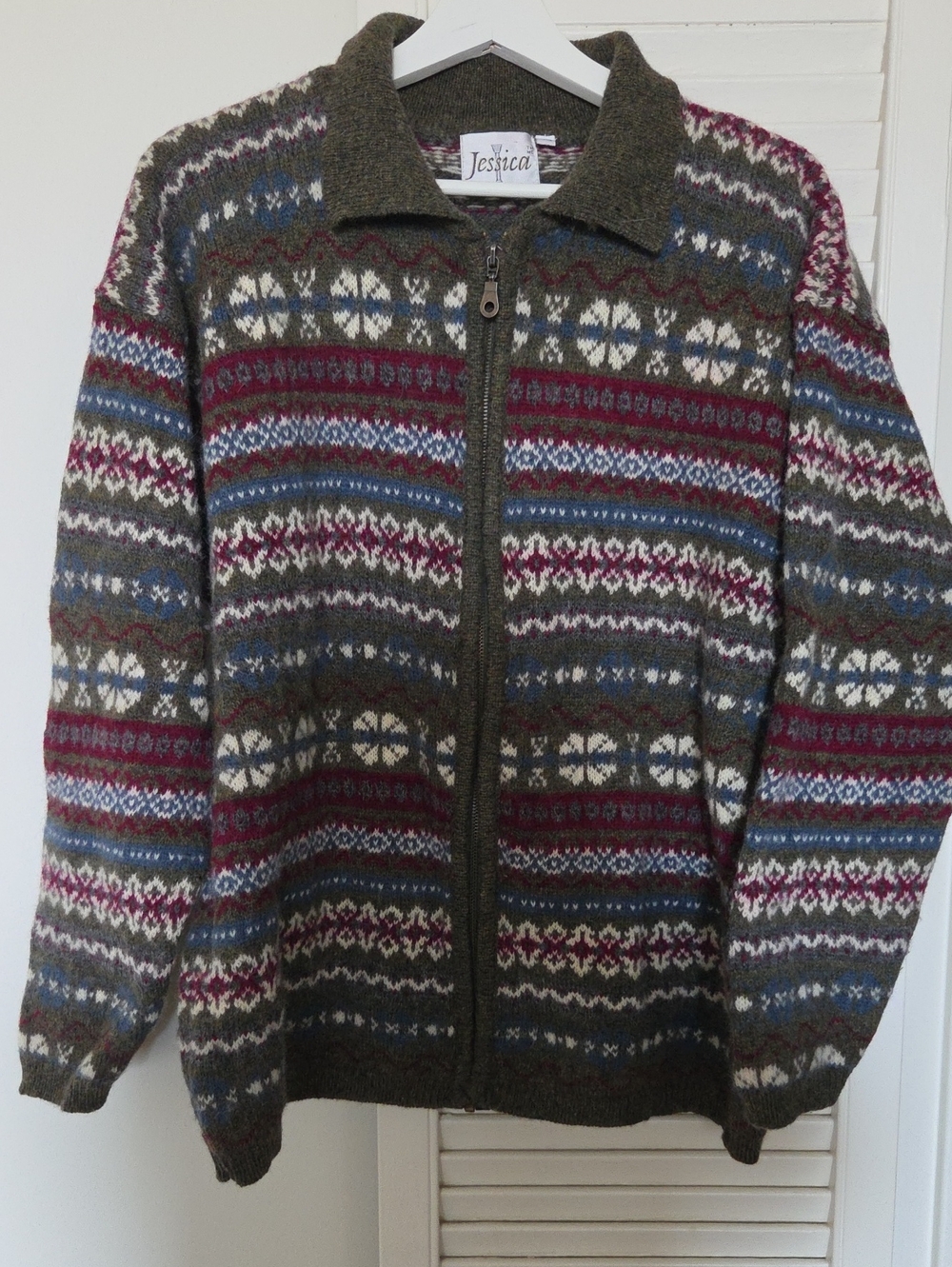 Olive Zip-Up Fair Isle 100% Shetland Wool Sweater with Burgundy and Blue Accents